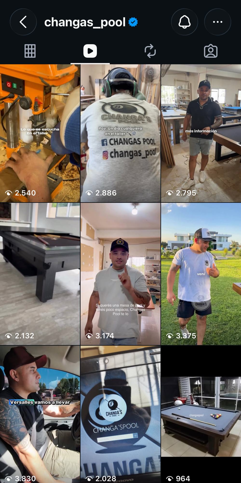 Pestaña de reels del Instagram verificado de changas_pool, con piezas del taller entre 964 y 3.830 reproducciones de forma pareja
