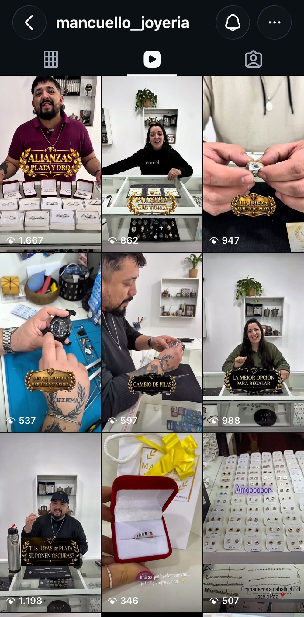 Pestaña de reels del Instagram de mancuello_joyeria: los dueños asesorando a cámara en piezas que van de 346 a 1.667 reproducciones