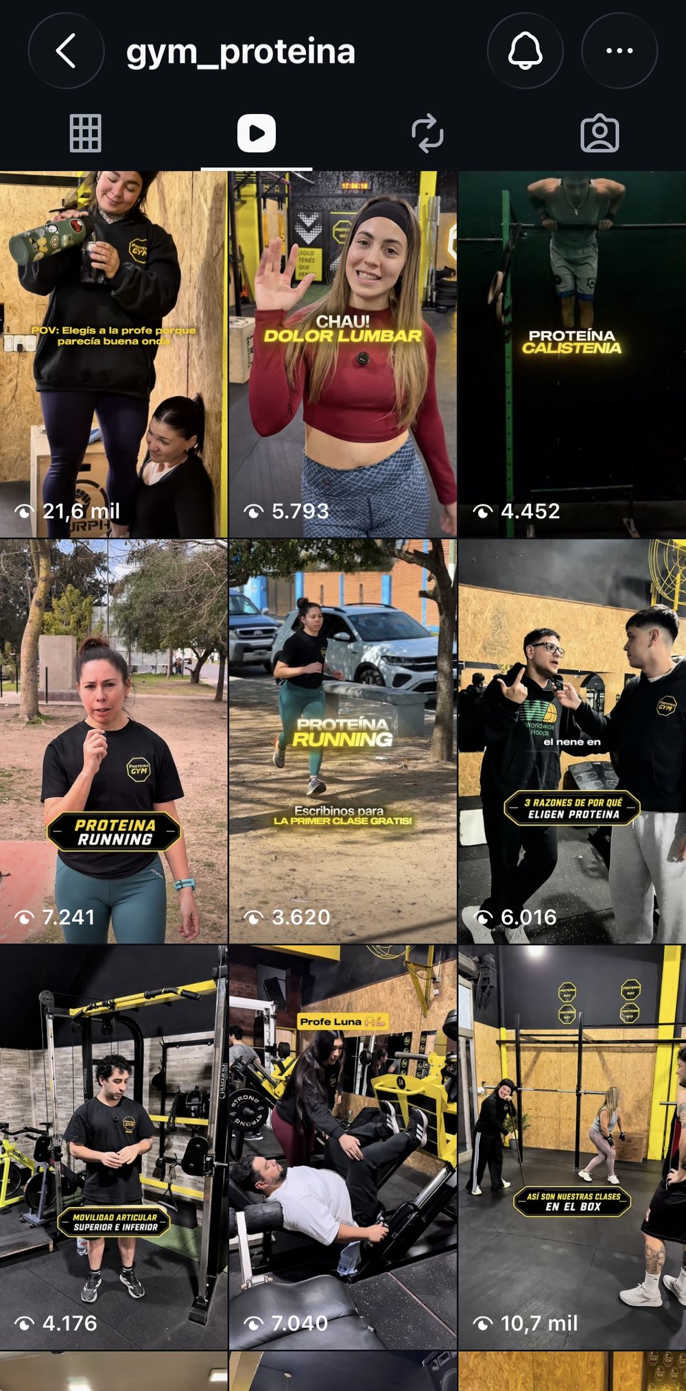 Pestaña de reels del Instagram de gym_proteina dos meses después: las piezas con el equipo y las profes a cámara se sostienen entre 3.620 y 21,6 mil reproducciones