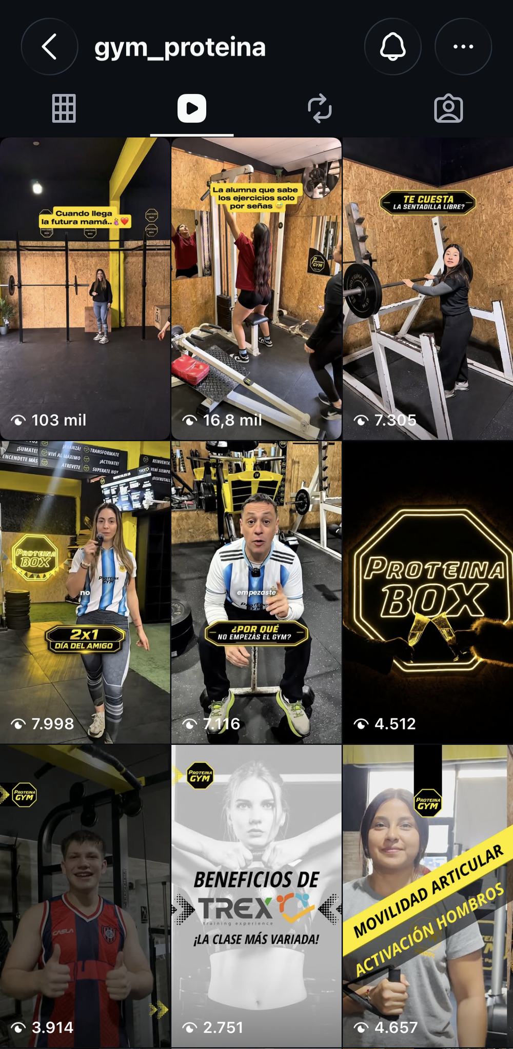 Pestaña de reels del Instagram de gym_proteina: las piezas nuevas con el equipo a cámara alcanzan 103 mil, 16,8 mil y 7.305 reproducciones; el contenido anterior con banco de imágenes queda en 4.512, 3.914 y 2.751
