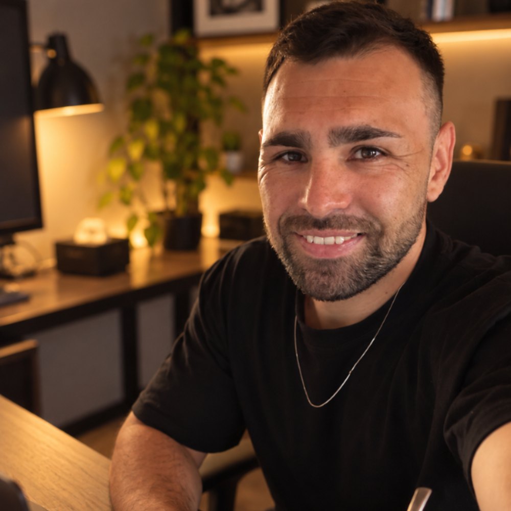 Facundo Leston sonriendo en su espacio de trabajo