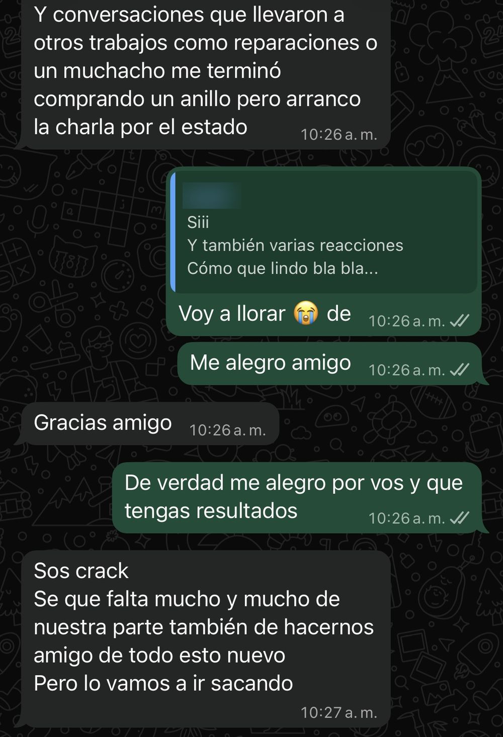 Mensaje de WhatsApp del dueño de Mancuello contando que un cliente terminó comprando un anillo tras consultar por el estado de un reloj